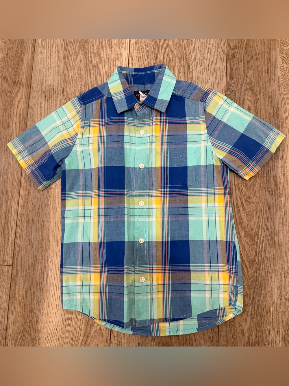 The Children's Place Blue, Teal & Yellow Plaid Short-Sleeve Button-Down Shirt